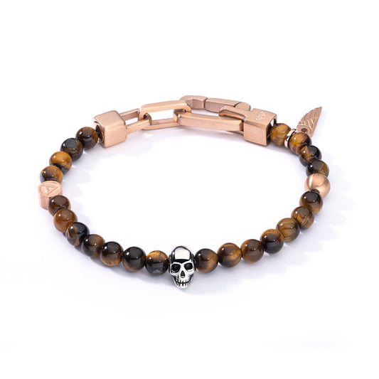 AN JEWELS JEWELRY Mod. AA.P255RBR bracelet with brown and bronze beads, featuring a skull charm and unique clasp design.