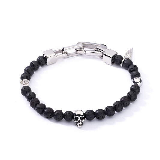 AN JEWELS JEWELRY Mod. AA.P255SBK black beaded bracelet with skull charm on white background.