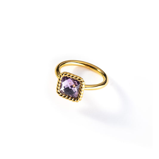 Elegant gold ring with a square purple gemstone by AN JEWELS JEWELRY Mod. AL.RMW07GVI-9 on white background.
