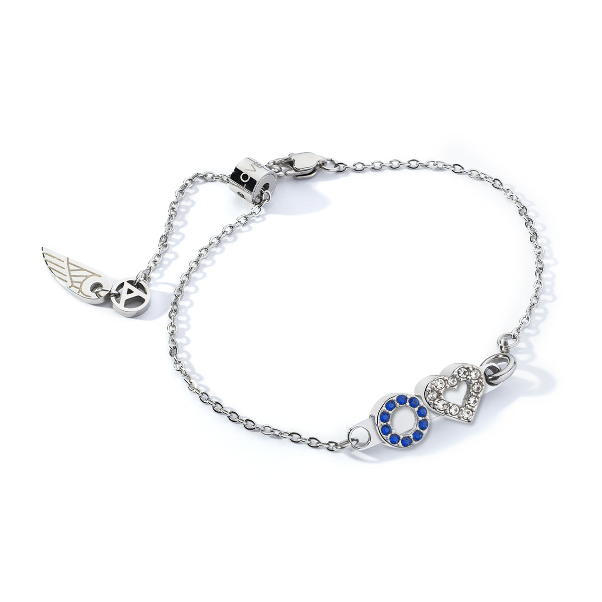 Silver bracelet with charms by AN JEWELS JEWELRY Mod. ANPULSEIRALI14, featuring heart and wing details on a delicate chain.