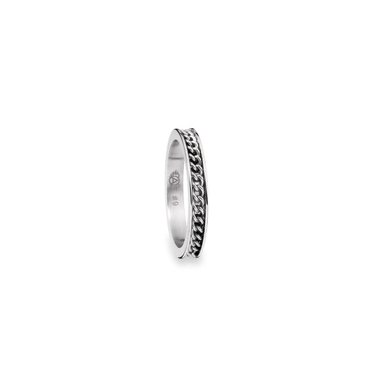 Elegant silver band ring AN JEWELS JEWELRY Mod. AR.R1NS02S-8 on white background with intricate chain design detail.