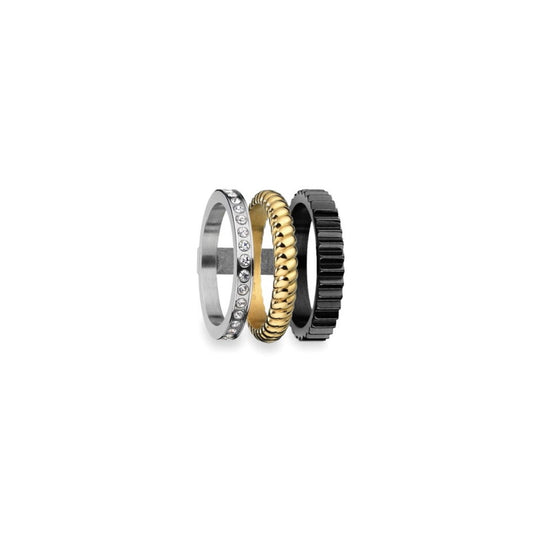 AN JEWELS JEWELRY Mod. AR.R3NS03SYK-7 showcasing three stylish rings in silver, gold, and black.