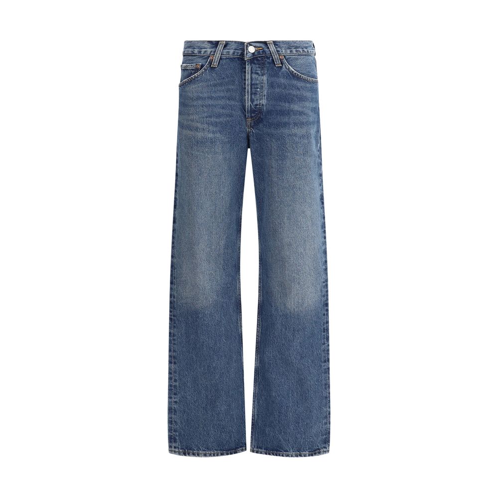 Agolde Blue Cotton Straight-Leg Jeans with V-front and five-pocket style, featuring belt loops and regular fit for versatile wear.