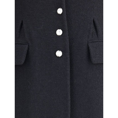 Close-up of Alessandra Rich Black Fleece Wool Coat with jeweled buttons and flap welts pockets, showcasing elegant and timeless design.