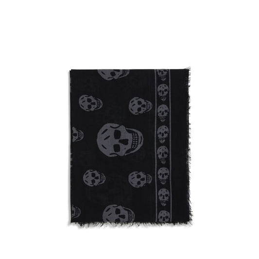 Alexander McQueen Black Modal Scarf with skull motif and fringed edges, made of silk and modal blend in black and dark grey.