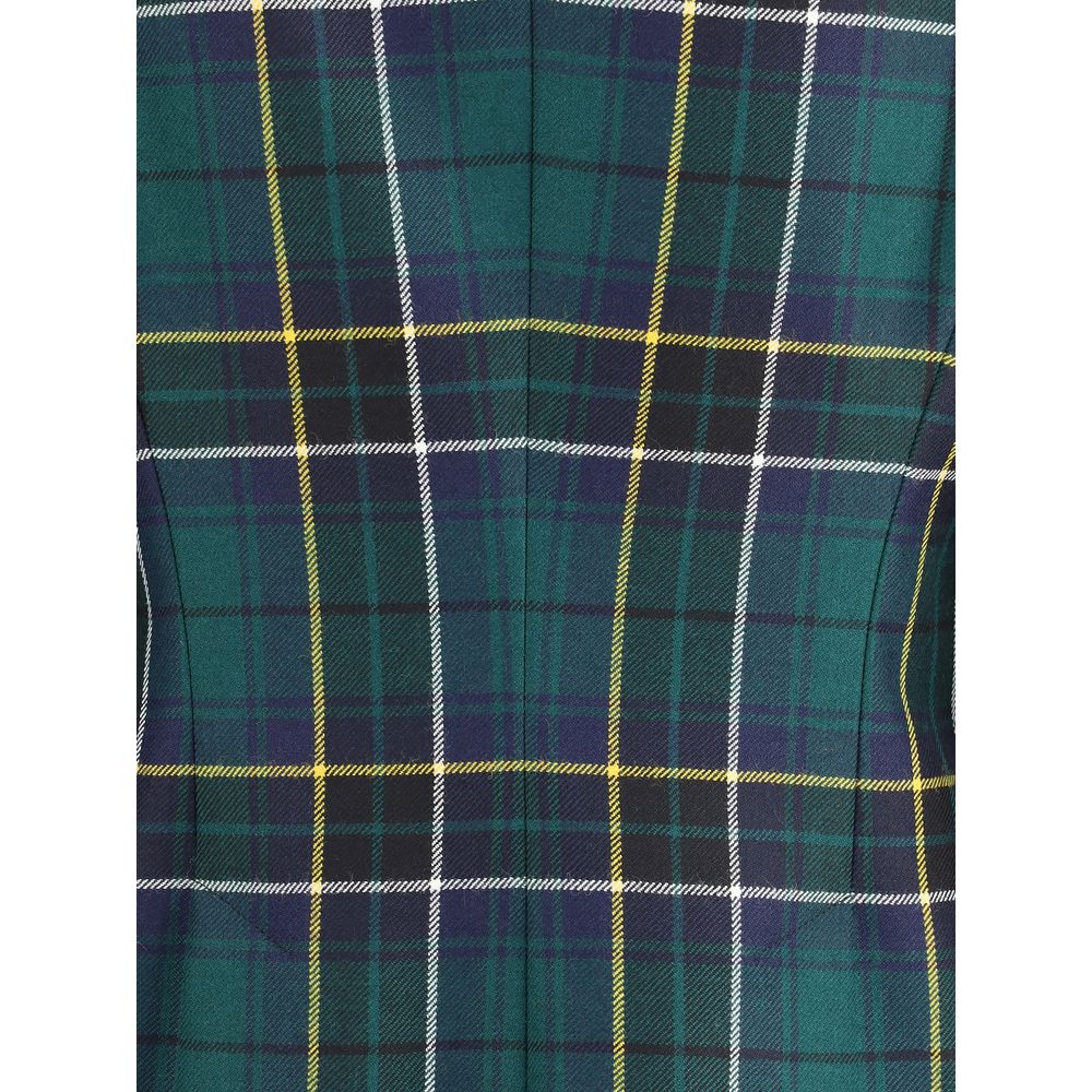 Close-up of the check pattern on the Alexander McQueen Green Wool Blazer, featuring green, yellow, and purple plaid design.