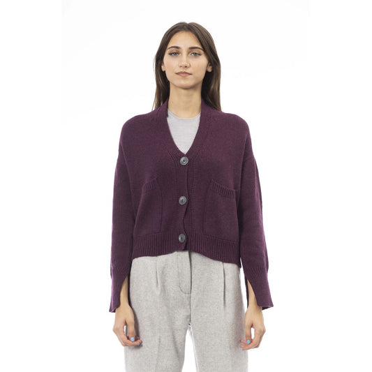 Woman wearing Alpha Studio Burgundy Merino Wool Women Cardigan with button closure and front pockets, perfect for stylish elegance.