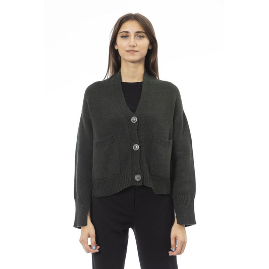 Alpha Studio Gray Merino Wool Women Cardigan with button closure and pockets, worn by model