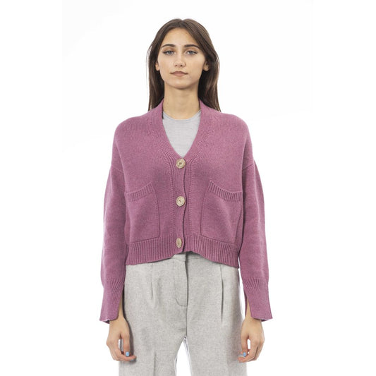 Model wearing Alpha Studio Multicolor Merino Wool Women Cardigan with button closure and front pockets for warmth and style.
