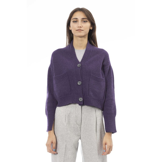 Alpha Studio Purple Merino Wool Women Cardigan with button closure and front pockets