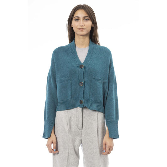 Alpha Studio Teal Merino Wool Women Cardigan with button closure and front pockets