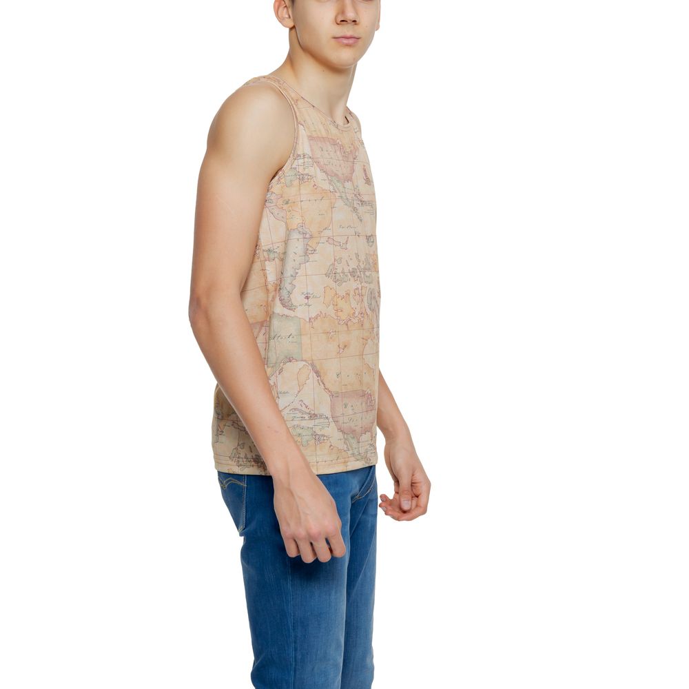 Male model wearing Alviero Martini Prima Classe Beige Polyester Tank Top with map print design.