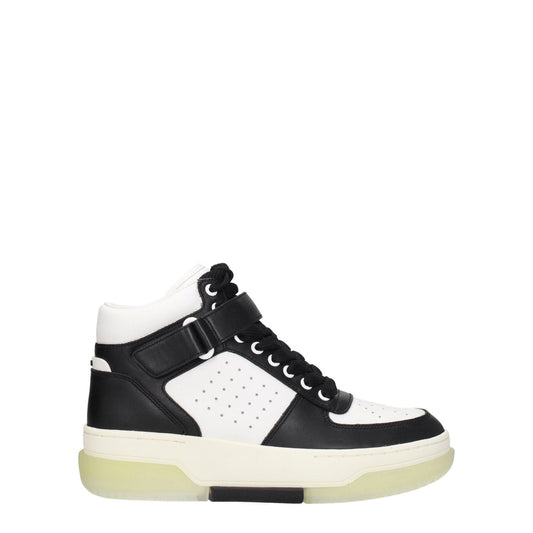 Amiri Black Leather High Top Sneakers with white accents and lace-up closure, featuring front and back logos.