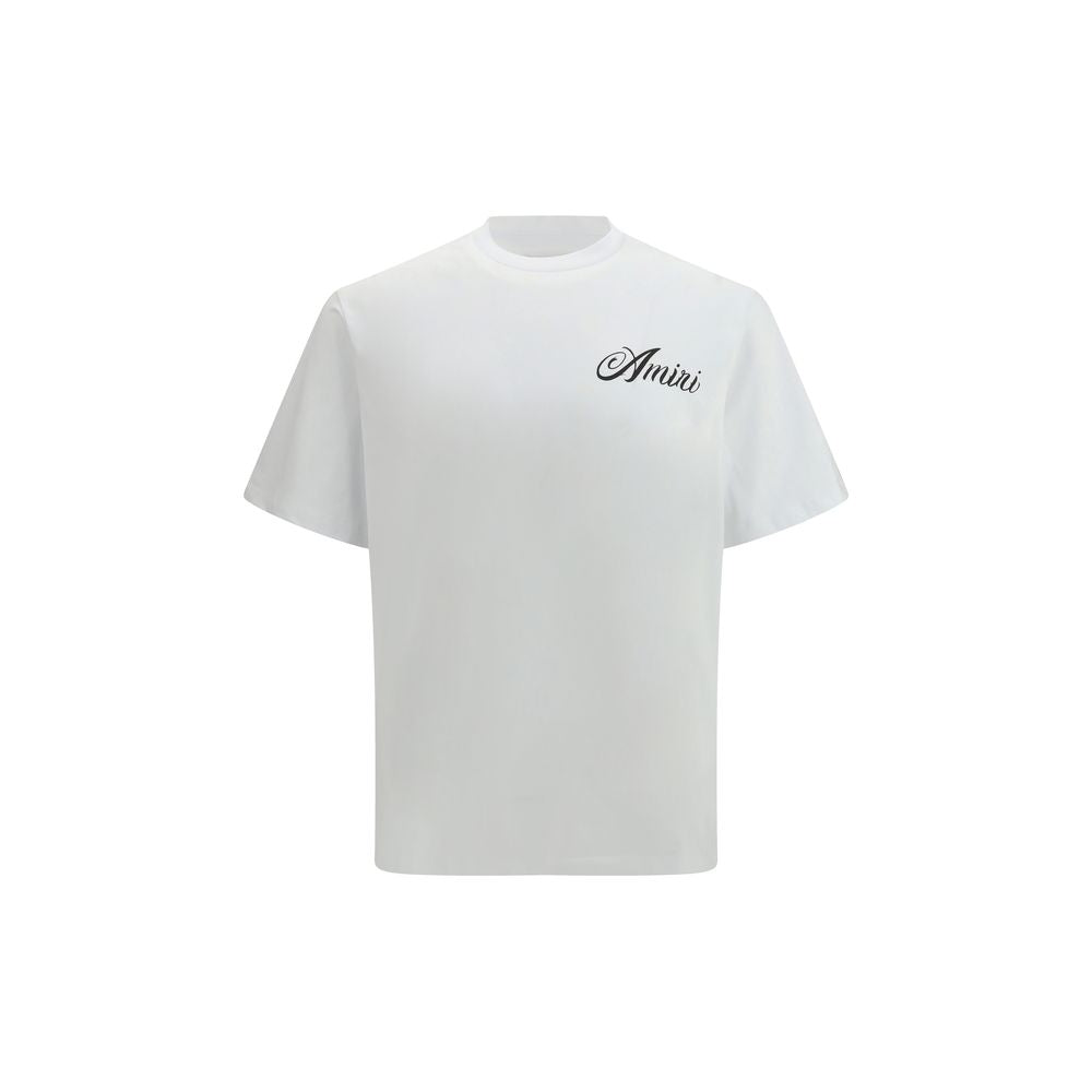 Amiri White Cotton T-Shirt with logo on chest and mountain artwork on back, featuring round neckline and short sleeves, tonal stitching.