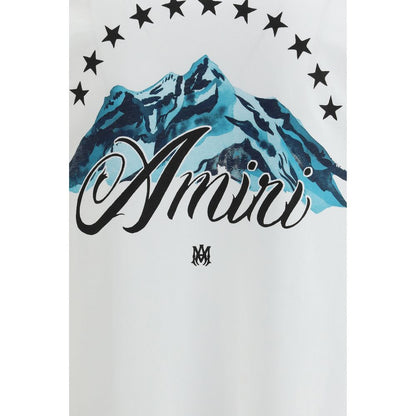 Amiri White Cotton T-Shirt with mountain artwork and logo on chest, round neckline, graphic identity, short sleeves
