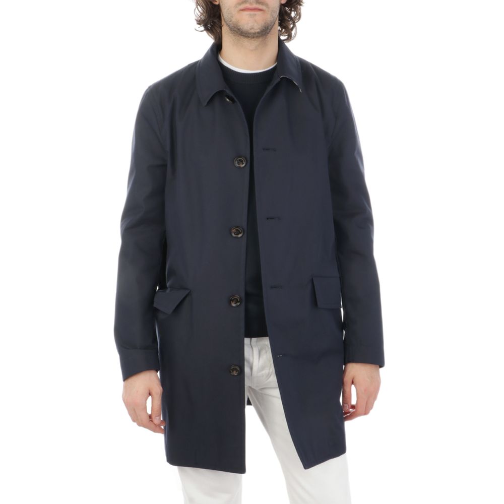 Aquascutum Blue Cotton Jacket with button fastening, side flap pockets, and checked undercollar, worn by model 182 cm tall in size 48.