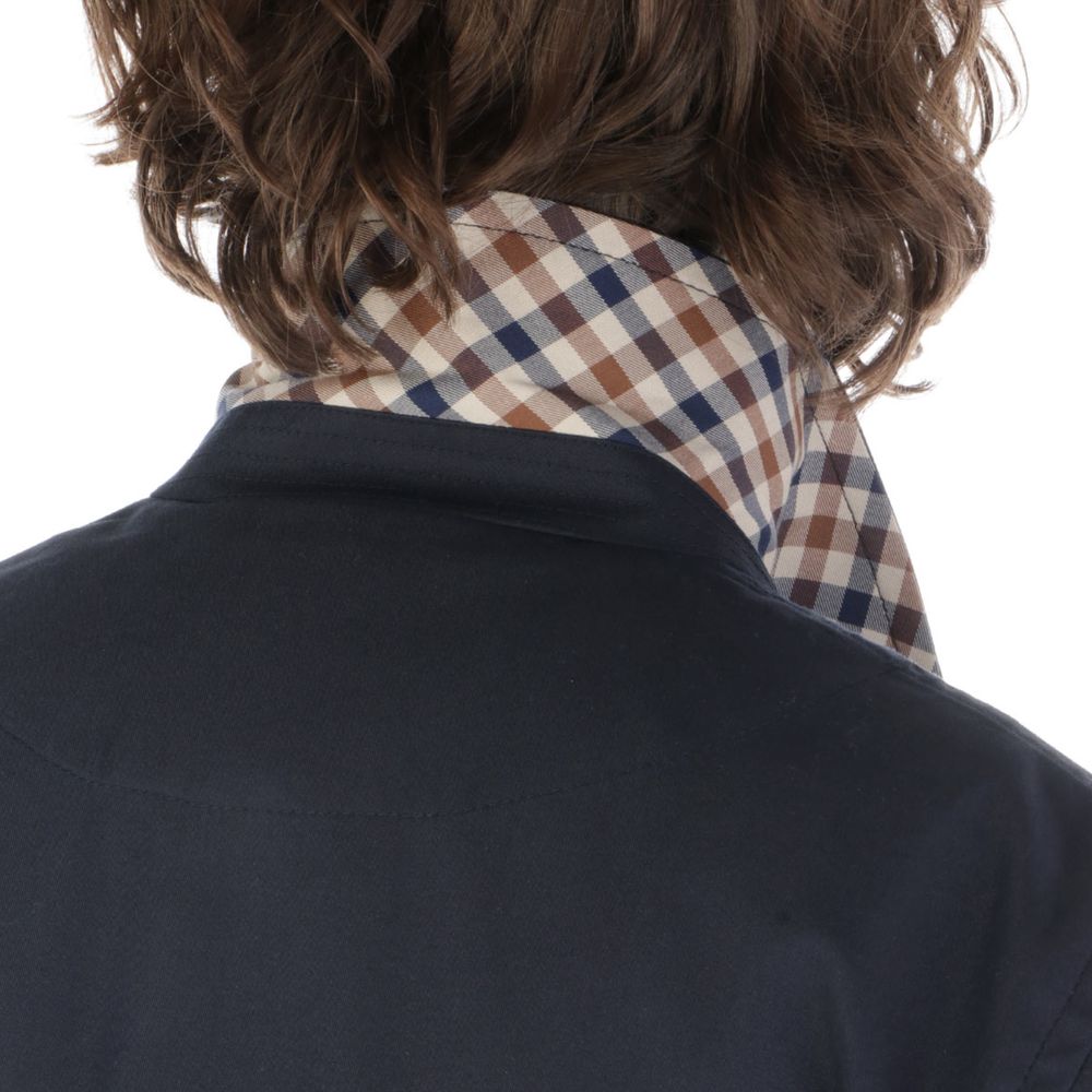 Back view of Aquascutum Blue Cotton Jacket with checked undercollar detail.