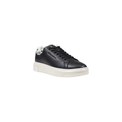 Armani Exchange Black And White Leather Low Top Sneakers with minimalist design and distinctive heel detail.