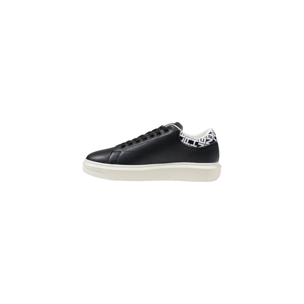 Armani Exchange Black And White Leather Low Top Sneakers with logo detail and sturdy sole, side view.