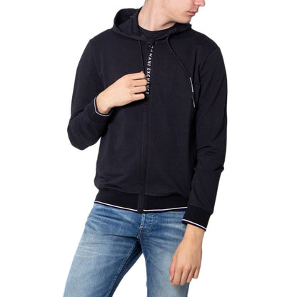 Model wearing Armani Exchange Black Cotton Hoodie, featuring a comfortable fit and stylish design with logo details.