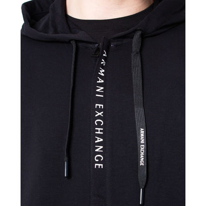 Close-up of Armani Exchange Black Cotton Hoodie featuring brand logo and drawstrings, showcasing modern and stylish design.