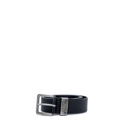 Armani Exchange Black Leather Regular Belt with metal buckle, elegant accessory for formal and casual wear, SS25 collection.