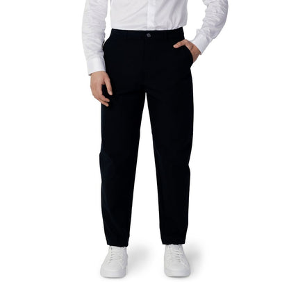 Armani Exchange Blue Cotton Casual Pants modeled front view showcasing regular fit and comfort.