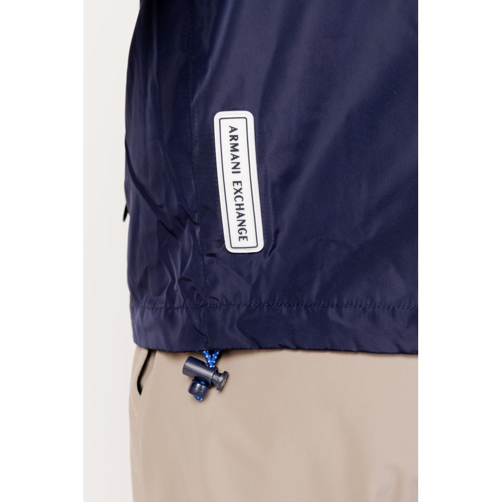 Armani Exchange Blue Polyester Shell Jacket with logo detail, showcasing reflective accents and zipper, ideal for transitional weather.