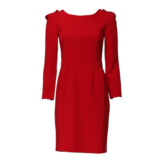 Armani Exchange Red Above Knee Long Sleeves Sheath Dress with zipper closure and logo details, minor defects visible.