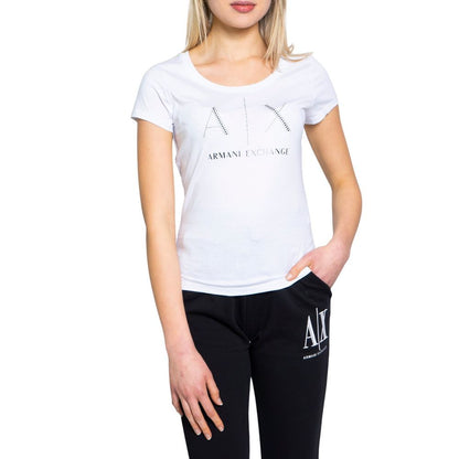 Woman wearing Armani Exchange White Cotton T-Shirt with logo