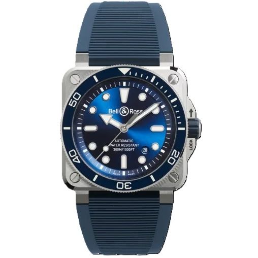 BELL & ROSS MOD. BR03A-D-BL-ST_SRB luxury watch with blue dial and strap, featuring automatic movement and water resistance.