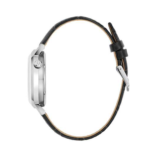 Side view of BULOVA Mod. AEROJET AUTOMATIC watch with black leather strap.