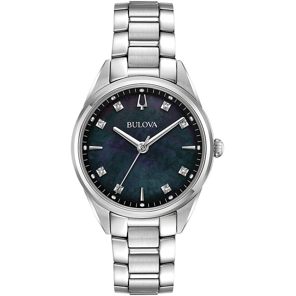 BULOVA Mod. SUTTON wristwatch with stainless steel band and black dial, in official box packaging.