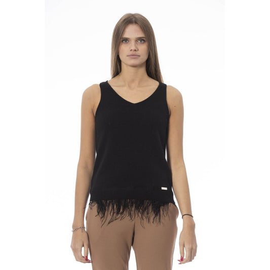 Baldinini Trend Black Wool Women Top with V-neck and feather accents, showcasing elegant ribbed knit and luxurious materials for a chic look.