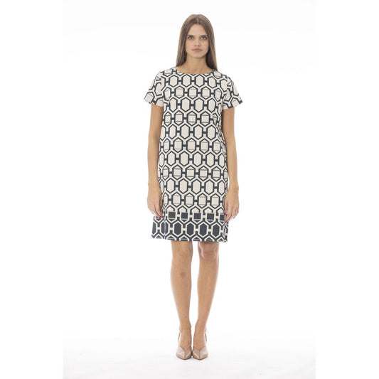Model wearing Baldinini Trend White Cotton Women Dress with short sleeves and geometric pattern