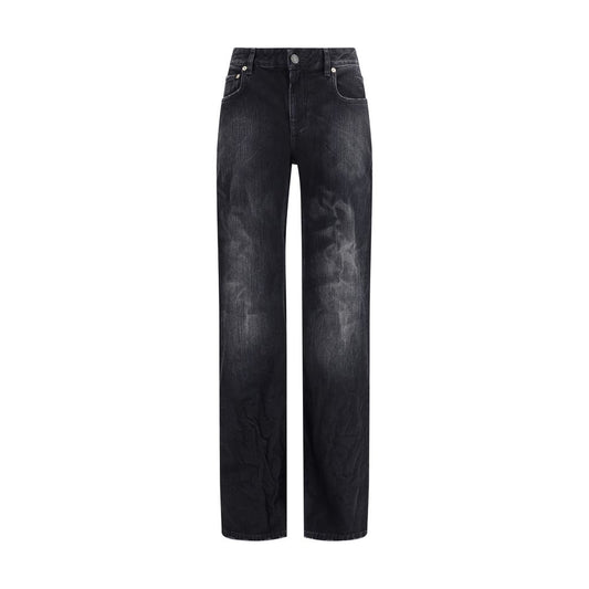 Balenciaga Black Cotton Relaxed Fit Jeans with faded, worn-in look, crinkled finish, mid-rise waist, and five pockets for casual style.