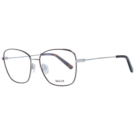 Bally Burgundy Women Optical Frames, square style, metal frame, full-rim, demo lenses, branded case included.