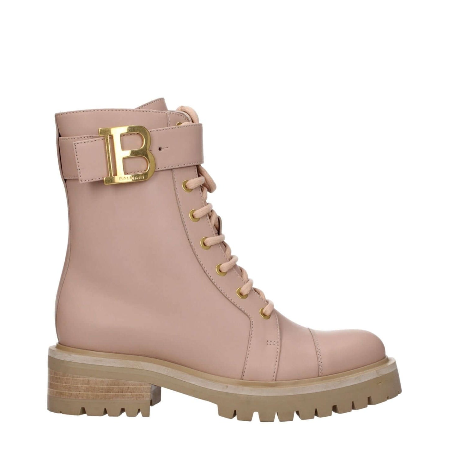 Balmain Beige Leather Ankle Boots with logo, lace-up design, mid heels, rubber sole, sporty glam style, side logo.