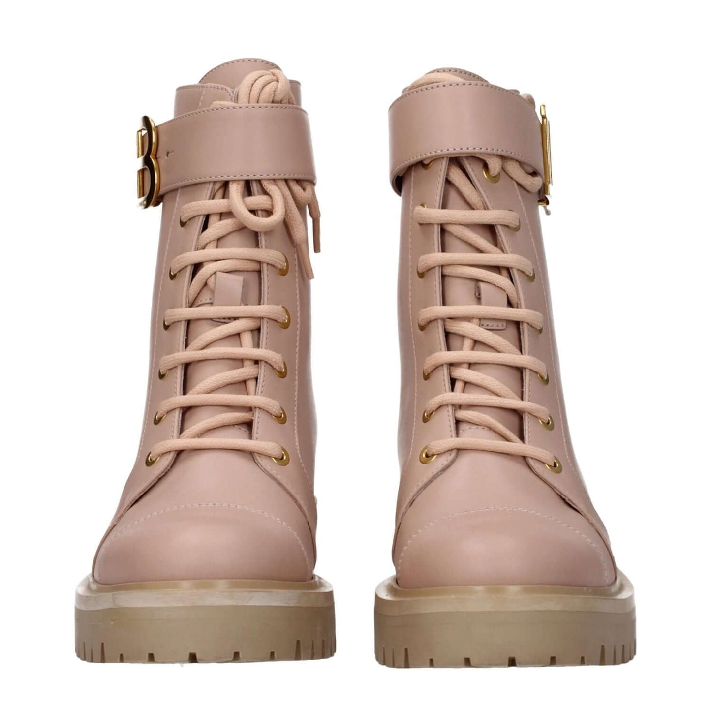 Balmain Beige Leather Ankle Boots with side logo, lace-up closure, rubber sole, and mid heels. Sporty glam style, round toe design.
