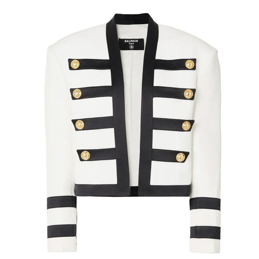 Balmain White Viscose Women Blazer with gold buttons, showcasing chic French design and opulent sophistication.