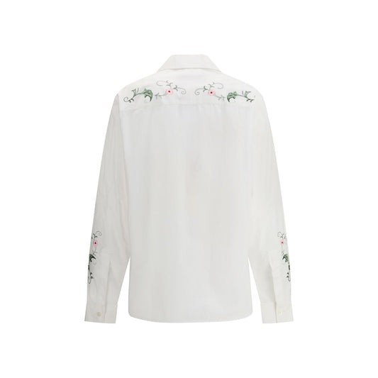 Rear view of a white Baziszt Embroidered Shirt with floral embroidery and a relaxed fit, featuring a bowling collar and button closure.