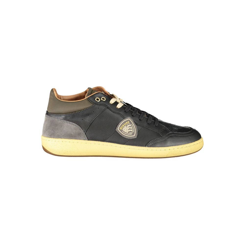Blauer Black Polyester Sneaker with contrasting details, sports shoe with laces, logo, print design.