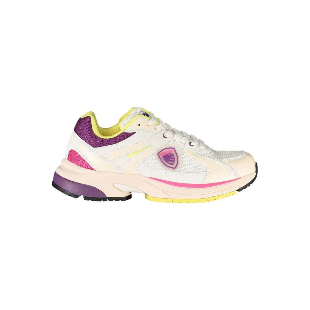 Blauer White Polyester Women Sneaker with vibrant purple, pink, and yellow accents, perfect for trendsetters seeking comfort and style.