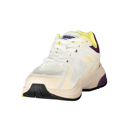 Blauer White Polyester Women Sneaker with purple, pink, and yellow accents for a vibrant sporty look, featuring comfort and style.