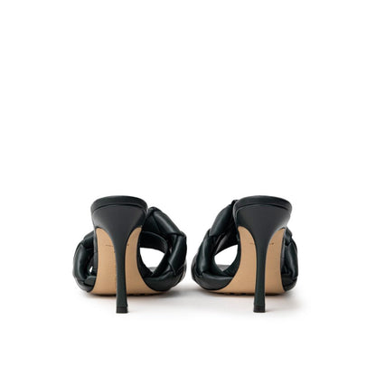 Back view of Bottega Veneta Green Leather Stiletto Heel Sandals with square toe and maxi tubular weave design.