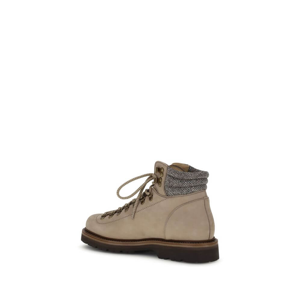 Brunello Cucinelli Beige Calf Leather Bos Taurus Lace-Up Boots, side view highlighting metal eyelets and two-tone laces