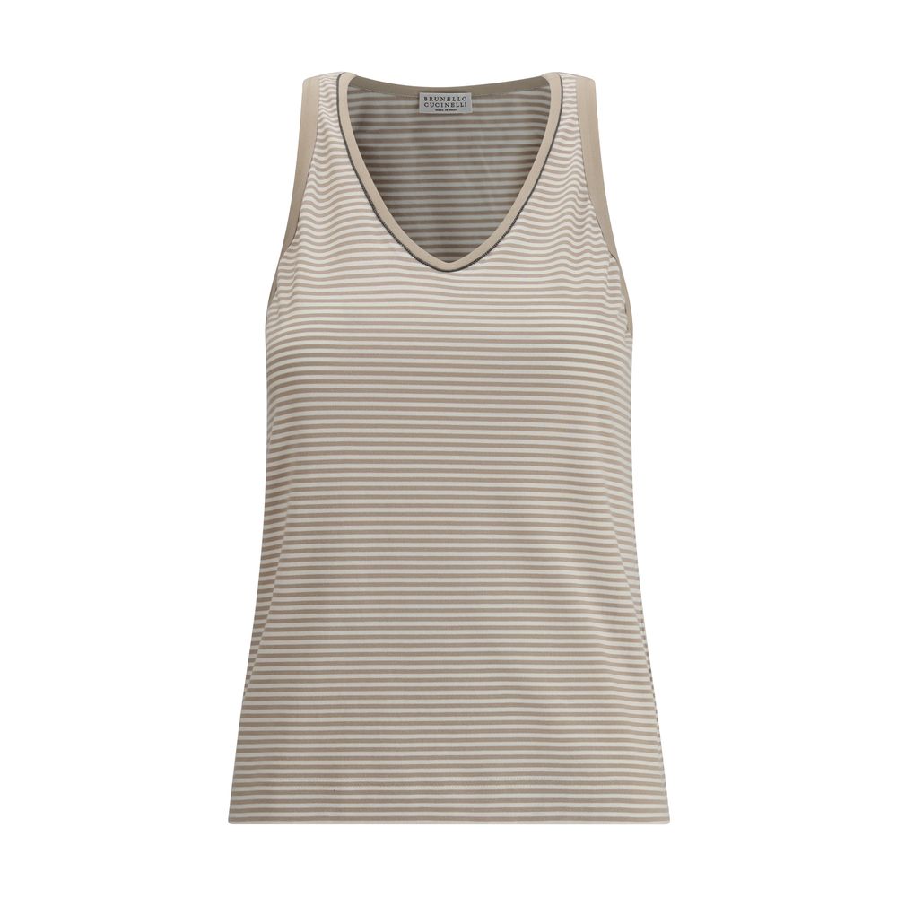 Brunello Cucinelli Beige Cotton Top with striped design and wide neckline, elegant and modern garment for AW25 season.