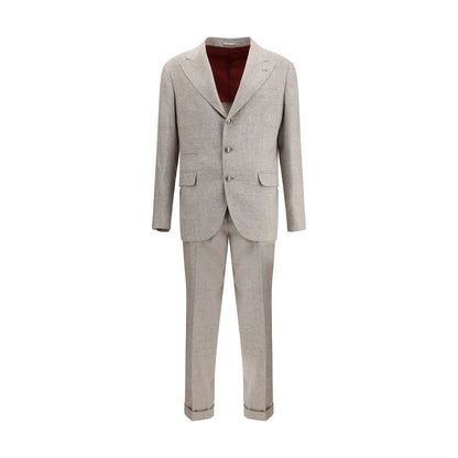 Brunello Cucinelli Beige Silk Two-Piece Suit with peaked lapels and tailored pants, showcasing timeless elegance and high-quality craftsmanship.