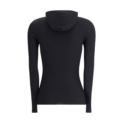 Brunello Cucinelli Black Cashmere Sweatshirt showing back view with ribbed knit, hood, and slim fit.