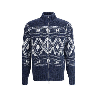 Brunello Cucinelli Blue Alpaca Vicugna Pacos Cardigan with geometric design, high collar, and double-slider zipper for a modern look.